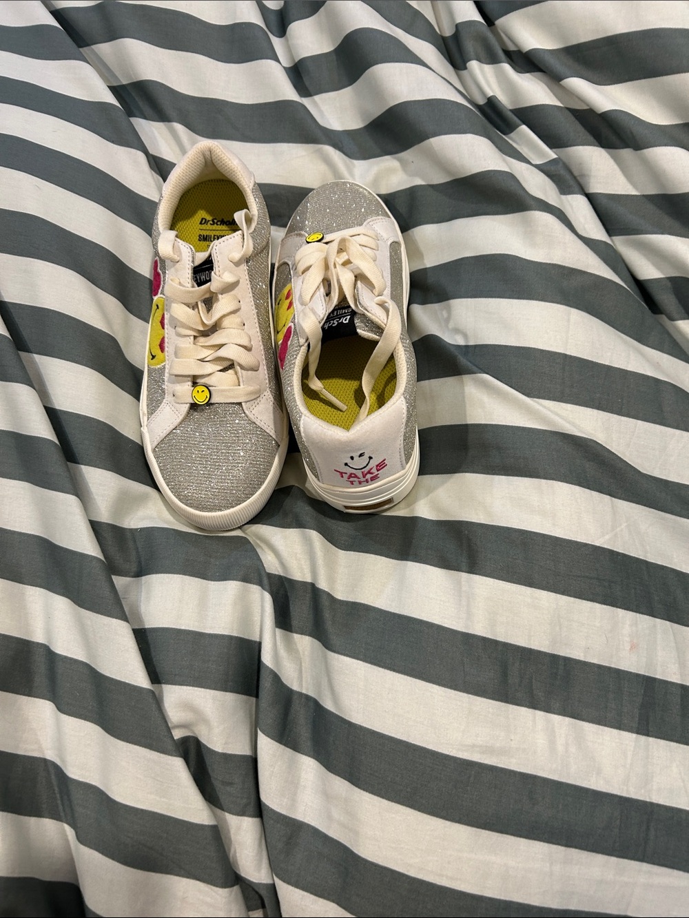 Dr. Scholl's Kids Cream Sneakers with Silver Glitter and Pink & Yellow Accents